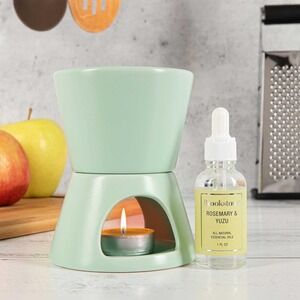 Brookstone Ceramic Oil Warmer Set Sage Grn Rosemary Yuzu Essential Oil 6 Candles